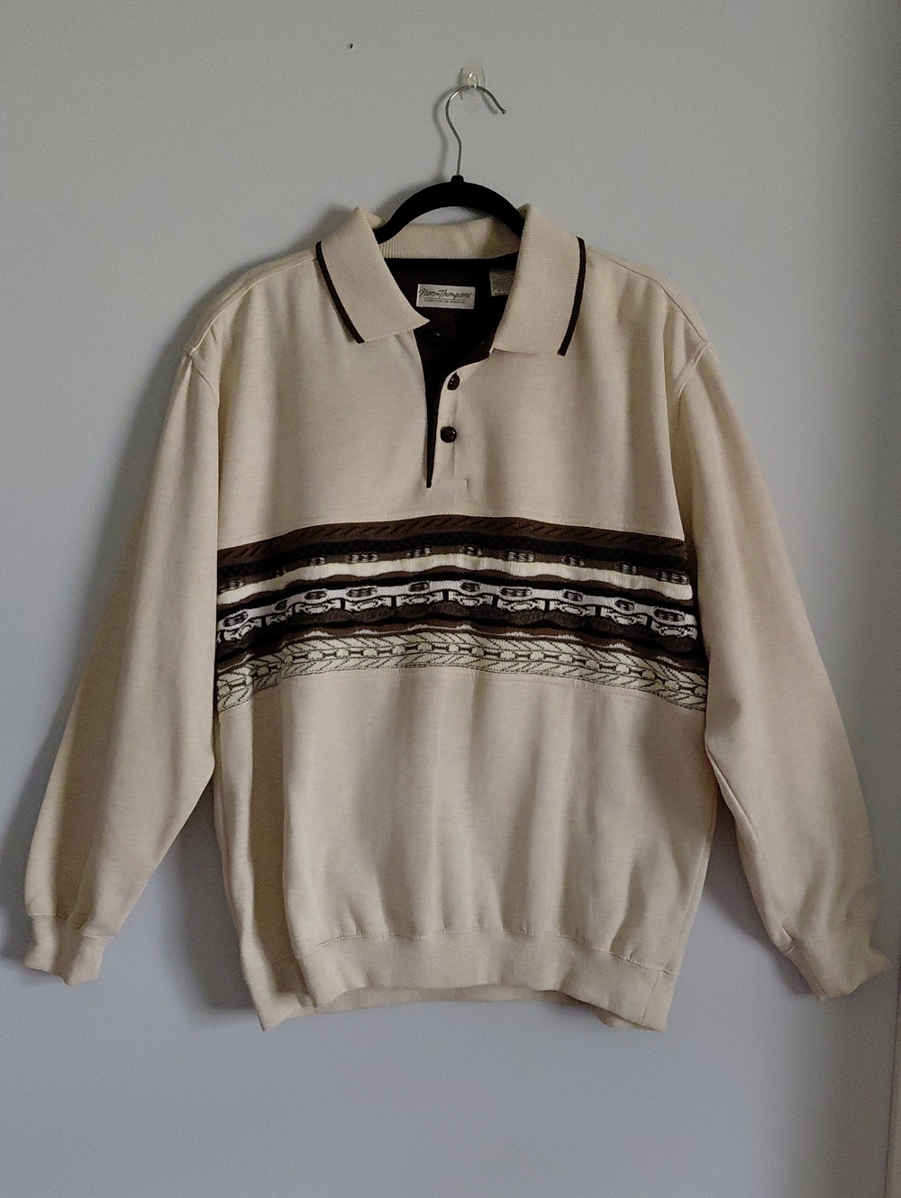 Vintage Norm Thompson 3D Knit 90s Y2K 3/4 Button Polo Grandpa Sweater Brown